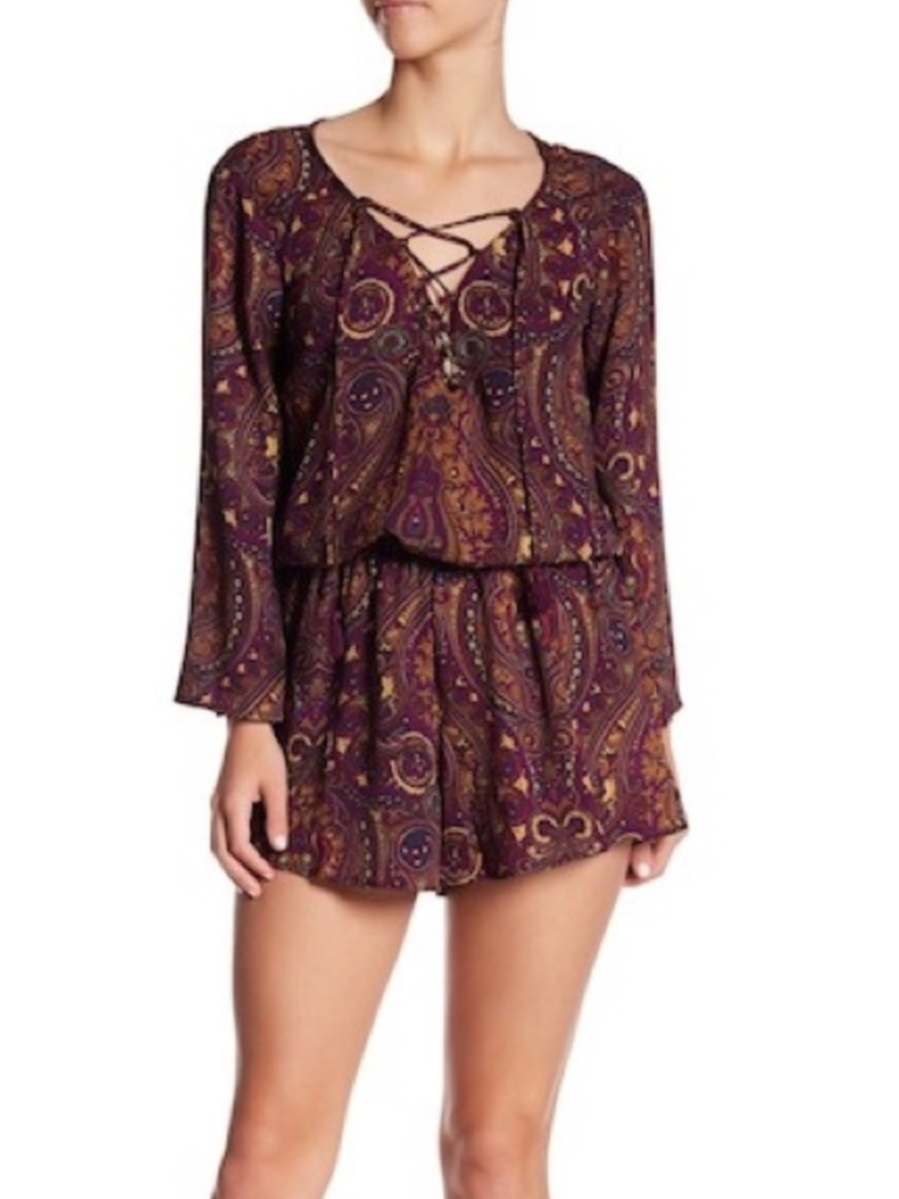 Show Me Your Mumu Tillie Lace Up Romper in Princess Plum Size XS